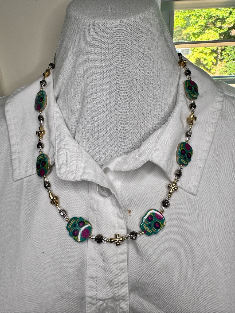 Handcrafted Turquoise & Pink Sugar Skull Necklace - Women Jewelry